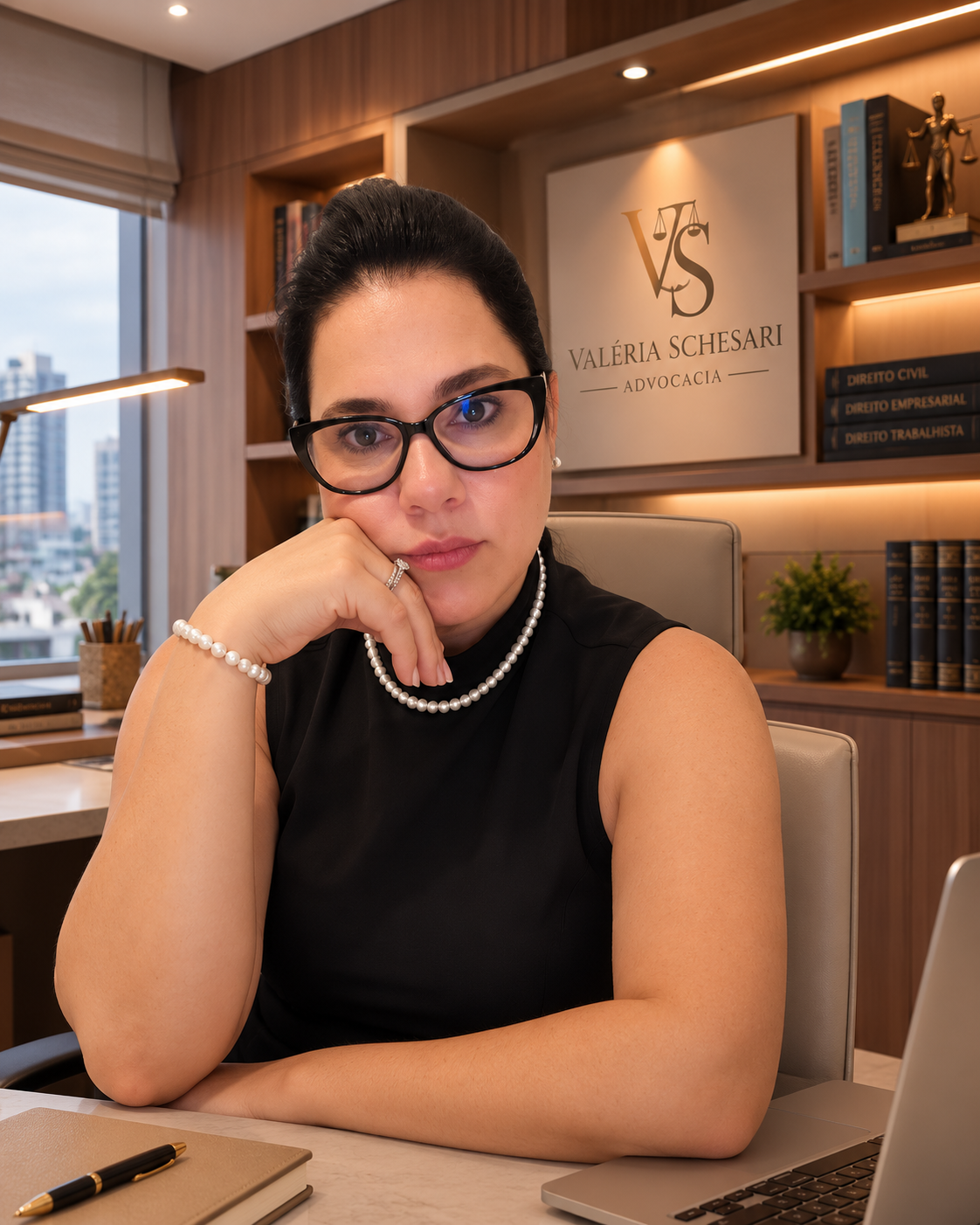 Valéria Schesari analisando documentos em seu escritório
