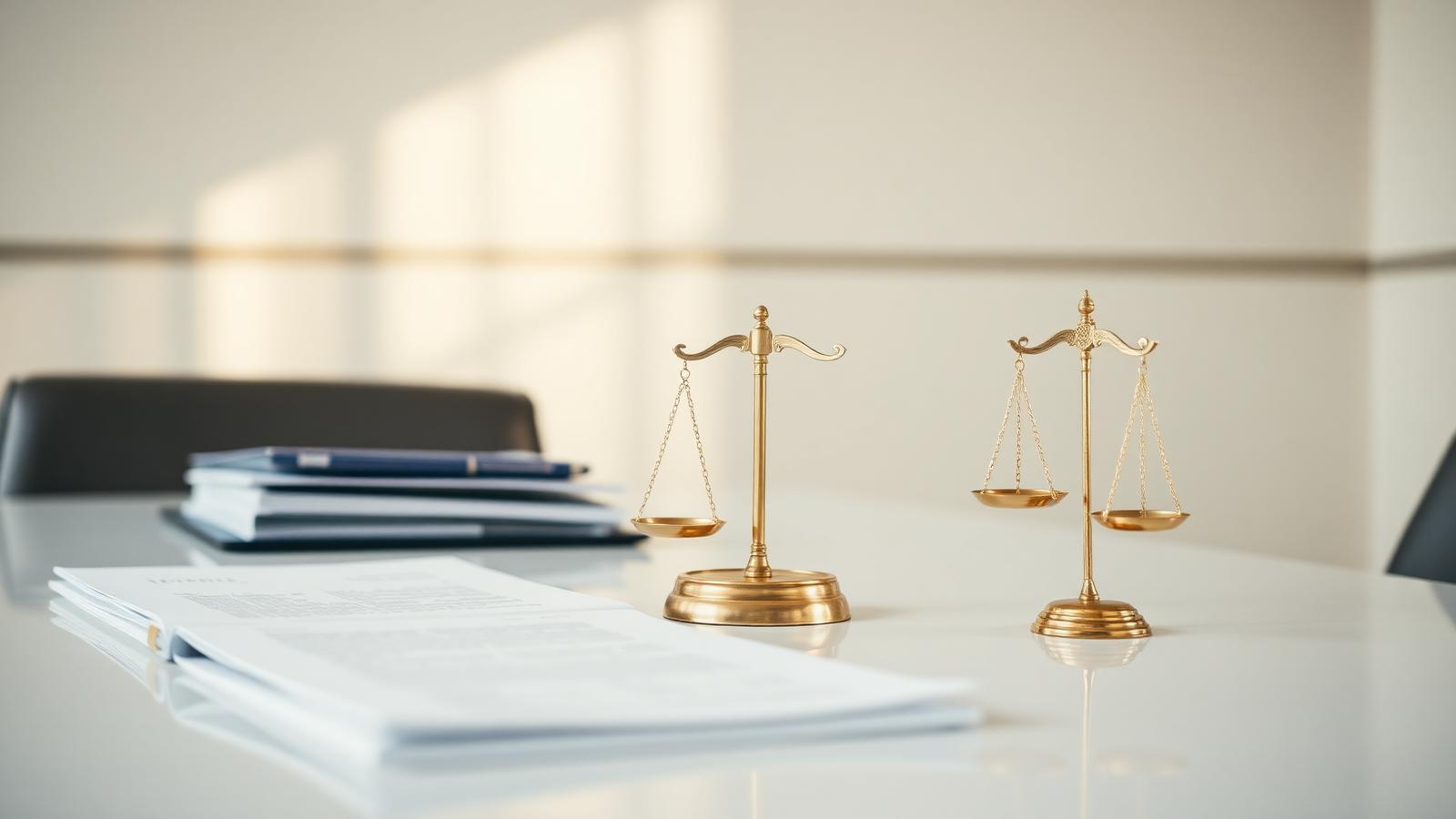Mesa de reunião corporativa com documentos e balança da justiça em dourado