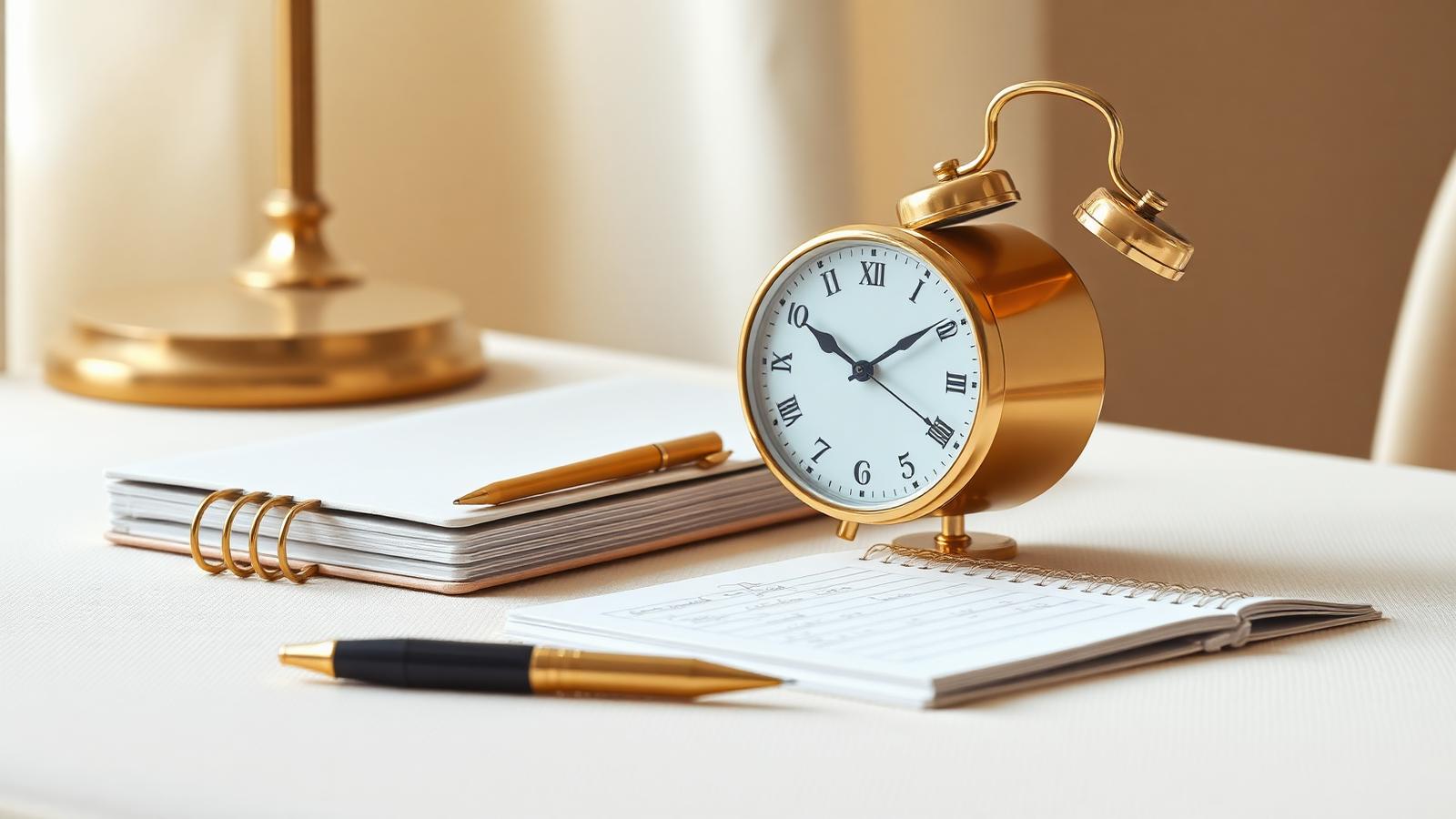 Relógio dourado ao lado de caderno e caneta, representando o controle de jornada
